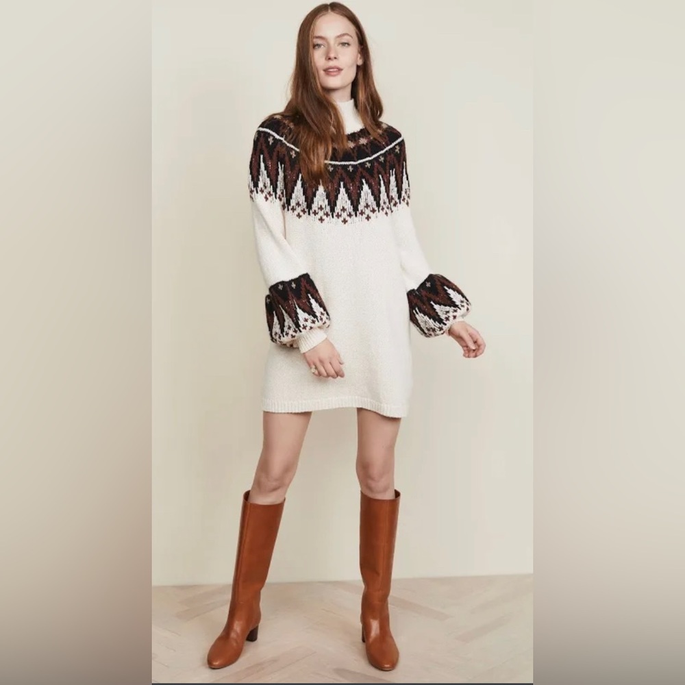 Free People White and Brown Long Sleeve Dress